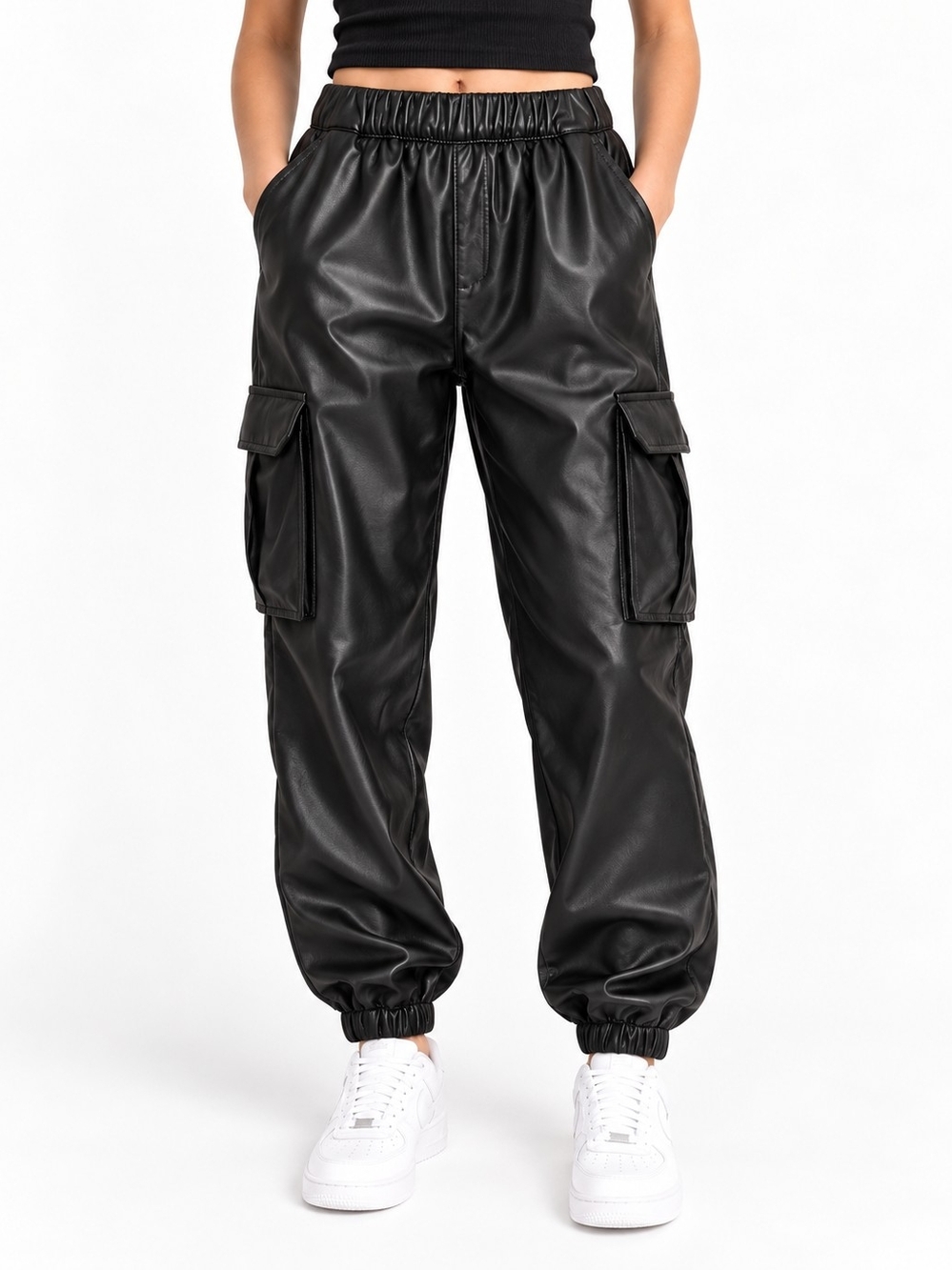 GAP Black Faux Leather Cargo Jogger Pants Medium NWOT Girls